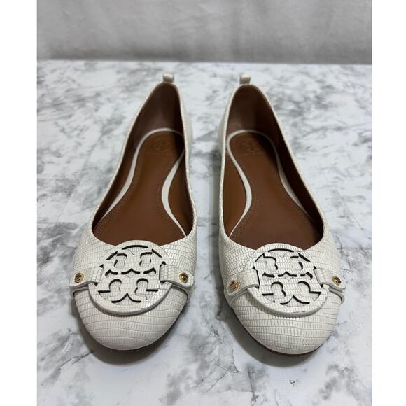 Tory Burch Mini Miller Flats Logo Medallion 9M Cream Embossed Reptile Leather - Picture 3 of 11